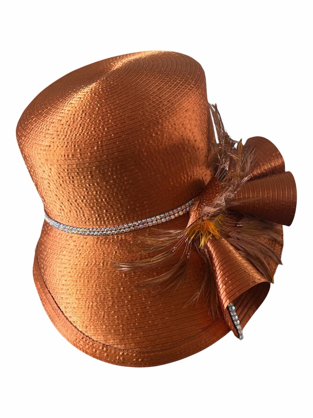 Brenda Waites Bolling Copper Brown Cloche Hat with Feathers and Rhinestones
